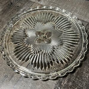 Vintage Clear Glass Cake Plate with Small Legs Flower Center